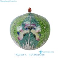 RXGE01-A Jarre en porcelaine à couvercle en forme de pastèque, motif chou et bok choy, peinte à la main, style Famille Rose