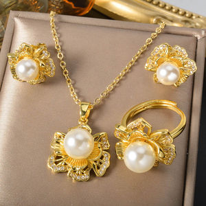 Fashion Wholesale Premium 18k Gold Plated <b>Pearl</b> Zircon Flower Ring <b>Earrings</b> <b>and</b> Pendant <b>Necklace</b> Jewelry Set - Product Image 5