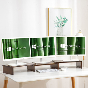 Computer Riser Stand Walnut Color Bamboo Material Three Monitor <b>Desk</b> Organizer For Desktop Office Use - Product Image 1