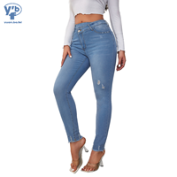 YUANBOFEI Jeans Skinny Femme de Haute Qualité, Multi-Boutons, Délavé Clair, Coupe Slim, Style Rétro Streetwear, Pantalon en Denim pour Femme au Quotidien