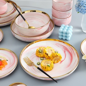 Ensemble de couverts en céramique marbrée rose nordique simple Assiette à steak Logo personnalisable Plat - Product Image 2