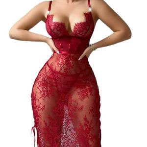 European And American Flared Hem Teddy Hollow Out Red Sexy Chest-Exposing Bodycon Polyester Lace Lingerie <strong>Dress</strong> - Product Image 6