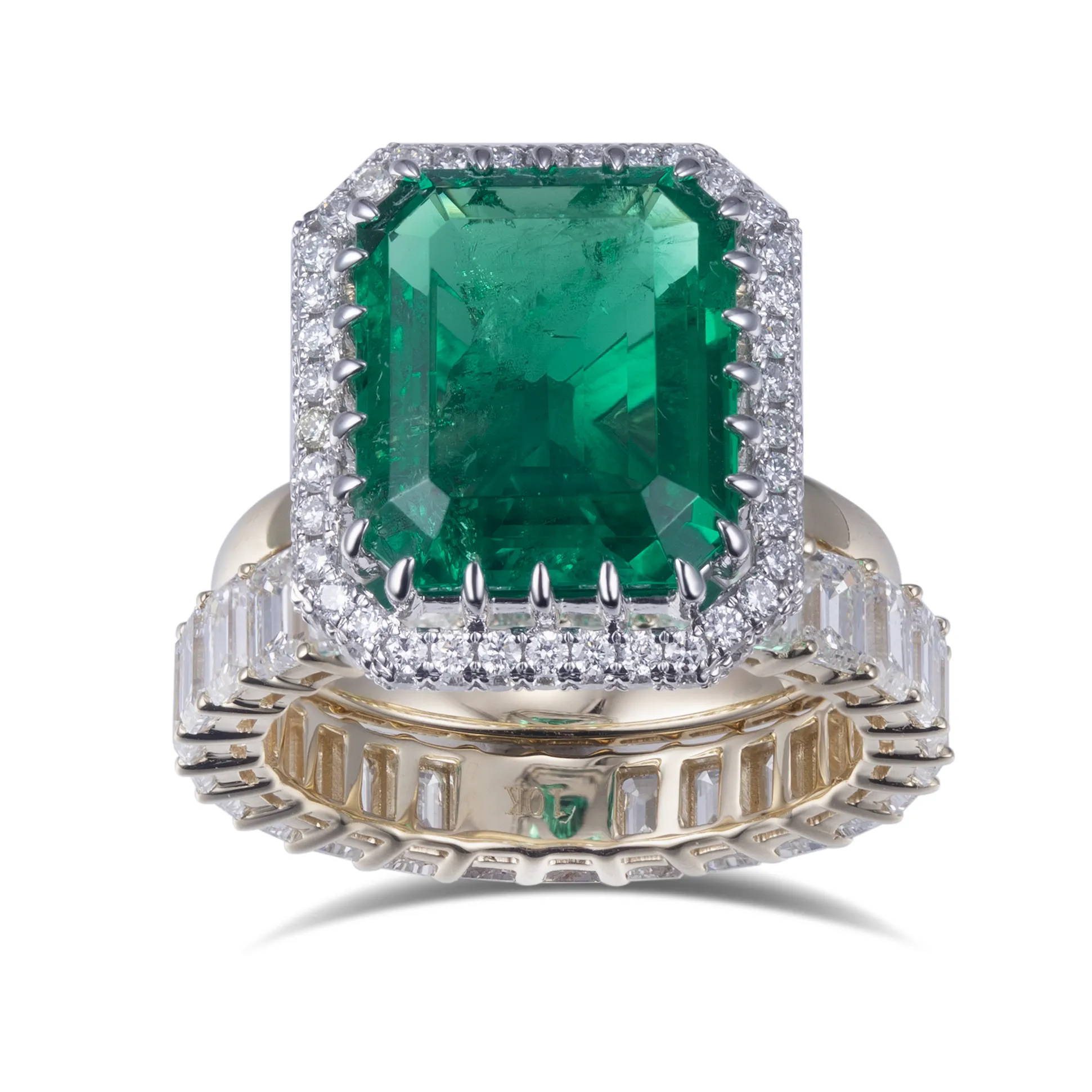 Messi Gems 18K Geel Goud 8-10ct Lab Emerald Emerald Cut En 5ct Moissnaite Diamond Ring Set