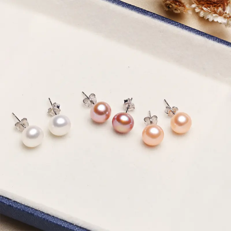 Perla d'acqua dolce naturale bianco rosa viola orecchio piatto posteriore con ago in argento s925 orecchini gioielli alla moda per le donne