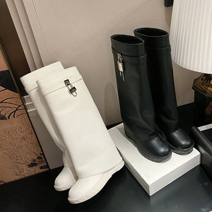 <span class=keywords><strong>Bottes</strong></span> hautes en cuir pour femme à plateforme, style Shark, bout rond en cuir PU avec fermeture à boucle, chaussures pour femme - Product Image 4