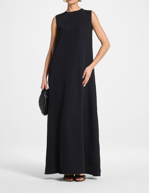 Classic Black Solid Ruffles Natural Waist Sleeveless Slip Maxi Dress Smooth Satin Modest Abaya A-Line Silhouette Custom Size
