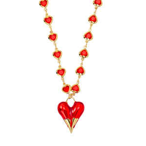 Bracelet et collier en cuivre plaqué rouge en forme de cœur, ensemble tendance pour femmes avec une chaîne de collier en forme de cœur charmante et élégante - Product Image 3