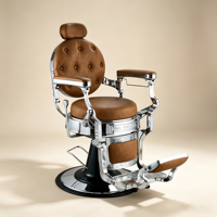 Fauteuil de coiffure rétro de luxe avec panneaux latéraux sculptés, appui-tête réglable, mobilier de toilettage professionnel.