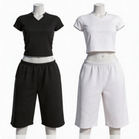 Ensemble décontracté 2 pièces pour femme, couleur unie, haut court à col en V et pantalon capri en coton et élasthanne, tenue de détente pour le quotidien