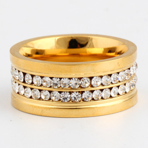 Bague en diamant 10MM, coupe ronde brillante, double rangée, en acier doré, pour femme, à porter au quotidien, bijoux de forme géométrique - Product Image 2