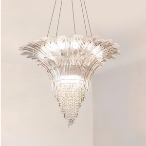 Lustre vintage français Art Déco en fer et cristal, luminaire suspendu en métal cannelé à plusieurs niveaux pour salon et chambre à coucher - Product Image 1