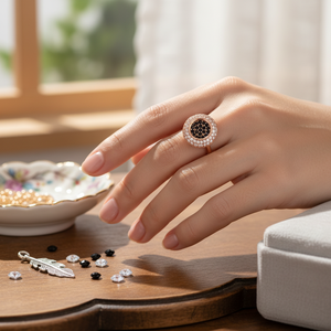 White and Black <b>CZ</b> Stone Double Round Shape Cluster <b>Ring</b> Wholesale Handcrafted Turkish Jewelry 925 Sterling Silver Jewelry - Product Image 3