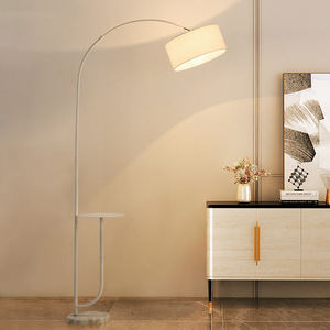 Minimalist <b>Floor</b> <b>Lamp</b> White Fabric Drum Shade Metal Base <b>LED</b> E27 3500K Warm Light Adjustable Height Residential Use Dimmable - Product Image 4