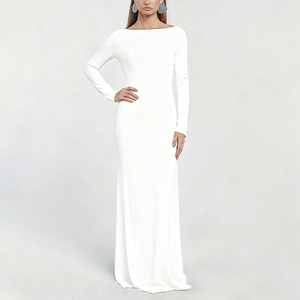 Robe longue de soirée tendance de haute qualité personnalisée, manches longues, dos ouvert, taille froncée, robe moulante <span class=keywords><strong>maxi</strong></span> pour femmes - Product Image 5