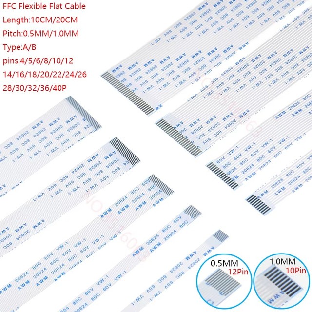 60/100MM/200MM FFC Flexible Flat Cable Pitch 0.5MM 1.0MM Type A/B 8P 10P 12P 16P 20P 40P FPC 6/8/10/12/14/16/20/30/40 pin
