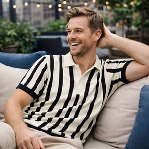 Polo à rayures verticales beige et noir brodé sur mesure pour homme, coupe ample, style rétro, tricoté, pour le quotidien, le golf, décontracté, <span class=keywords><strong>streetwear</strong></span> - Product Image 2