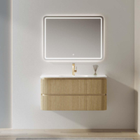 Meuble de salle de bain mural moderne en contreplaqué avec miroir LED intelligent, vasque intégrée et tiroirs sans poignées – Mobilier d'appartement