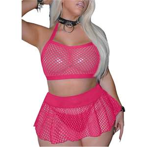 Ensemble de lingerie en résille grande taille pour femme, avec soutien-gorge halter ajouré et jupe à volants - Product Image 1