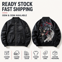 Blouson Bomber Unisexe Noir Brodé Dragon Tigre Coupe-Vent Hiver Col Montant Zippé Streetwear Style Aviateur Personnalisé OEM ODM Vente en Gros