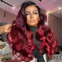 alibaba Beauty Hair Hot Supplier HD Transparan untuk Wig Lace Front Rambut Manusia Panjang Bergelombang Warna Merah Burgundy Tanpa Lem