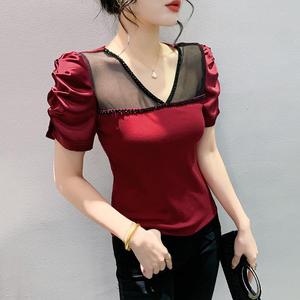 Nouveau T-<span class=keywords><strong>shirt</strong></span> d'été au design <span class=keywords><strong>original</strong></span>, <span class=keywords><strong>chic</strong></span> et sexy, avec empiècements en maille, col en V, perles industrielles et manches bouffantes, très tendance - Product Image 6