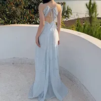 Robe longue pour femme, élégante, col en V, sans manches, style vacances d'été