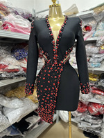 Robe de soirée élégante Bettergirl Fashion, de haute qualité, 2026, Europe, rouge, diamant, manches longues, noire, courte, col en V, bandage
