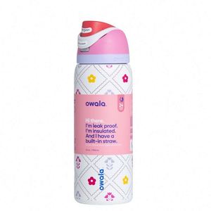 Factory Custom White Floral Pattern Owala Insulated Cup, Stainless Steel Outdoor Handled Thermos Water Bottle, Wholesale - Product Image 1