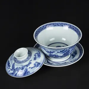 Zhong 'S Oven Jingdezhen Handgemaakte Theeset Keramische Handgeschilderde Blauwe En Witte Landschap Kung Fu Thee Porseleinen Bedekte Kom