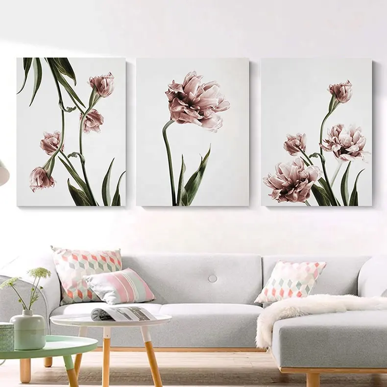 Modern Home Decoration Pink Elegant Tulip Flower Mural Green Plant Flower Canvas Wall Art Painting For Dining Room Bedroom Sofa