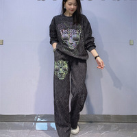 Vêtements pour femmes grande taille de style européen et américain, style coréen, sweat-shirt à col rond, ensemble pantalon imprimé léopard, manches longues, ensemble pour femmes