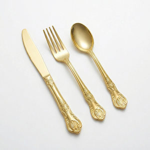 Assiettes en plastique dorées pour fête, ensemble d'assiettes jetables dorées, comprenant assiette, couteau, fourchette, cuillère, <span class=keywords><strong>service</strong></span> <span class=keywords><strong>de</strong></span> <span class=keywords><strong>vaisselle</strong></span> en plastique exquis - Product Image 5