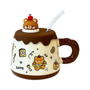<b>Cute</b> Cartoon Ceramic <b>Mug</b> with Lid and Handle Pink Yellow Brown Color for Girls Kids Presents Spring 2025 - Product Image 2