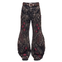 Jeans baggy DiZNEW pour hommes, noir, marron, effet délavé, imprimé Bio Mech, multi-zips, œillets, insert en mesh rouge, étiquette DiZNEW, denim évasé, OEM.