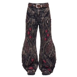 Jeans baggy DiZNEW pour hommes, noir, marron, effet délavé, imprimé Bio Mech, multi-zips, œillets, insert en mesh rouge, étiquette DiZNEW, denim évasé, OEM. - Product Image 1
