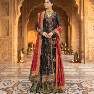 Salwar Kameez en soie noire brodée avec dupatta rouge, longueur au sol, tenue traditionnelle indienne pakistanaise pour femmes, pour mariage - Product Image 2