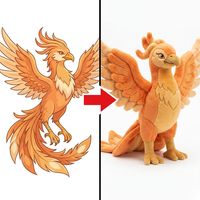 Mascotte en peluche personnalisée Phénix de feu, plumage orange dégradé, ailes écartées, oiseau de feu mythique, design de dessin animé