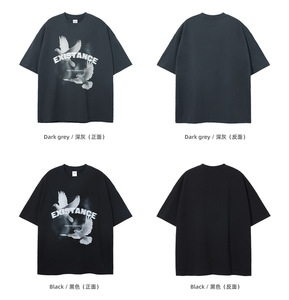 2024 타이드 230G 더블 원사 면 평화 비둘기 인쇄 반소매 티셔츠 느슨한 남자의 면 탑 - Product Image 5
