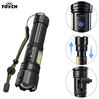 Lampe torche à double source lumineuse évolutive, zoom, lumière latérale COB, rechargeable USB Type C, affichage de la batterie, 7 modes, pour l'extérieur