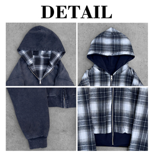 Sweat-shirt à capuche pour homme en flanelle personnalisée, confortable, à carreaux, rétro, délavé, double couche, double fermeture éclair - Product Image 6