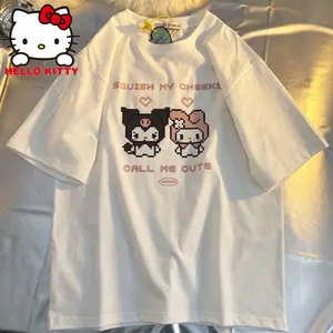 Sanrios Kuromi Pixel KT Quần Áo Mèo T-Shirts Phụ Nữ Harajuku Anime Y2K Tops Ngắn Tay Áo Tees Phim Hoạt Hình In Dạo Phố Áo Thun