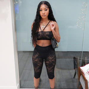2025 yaz Halter 2 parça şort takımı dantel See Through straplez üstler yüksek belli pantolon seksi örgü iki parçalı Set - Product Image 6