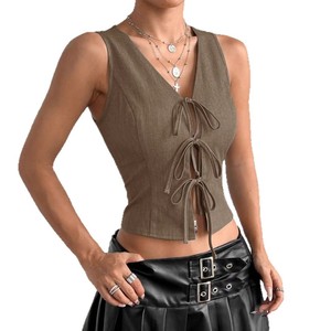 Chaleco para Mujer Estilo Europeo Americano, Nuevo Modelo de Verano, Cintura Ajustada con Lazo, Corte Entallado, Sin Mangas, Informal y Moderno - Product Image 4