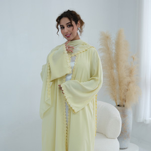 Abaya Pronta per la Spedizione in Tessuto Nida con Pizzo Floreale, Abbigliamento Islamico per Donne, Abaya Aperta, Vestito Musulmano da Donna, <span class=keywords><strong>Cardigan</strong></span> Abaya con Hijab - Product Image 1