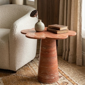 Table d'appoint Cammy Stone en travertin rouge, légère, style mid-century modern, pour petits salons et chambres, meubles faits à la main pour la maison - Product Image 2
