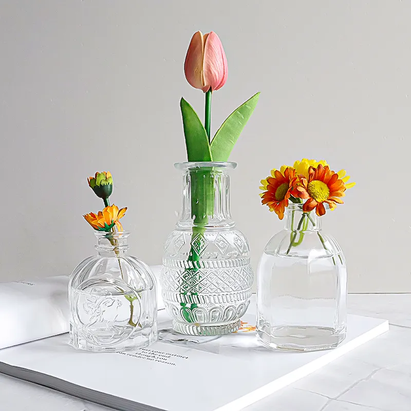 mini bud french vintage embossed flower home decor crystal glass vase