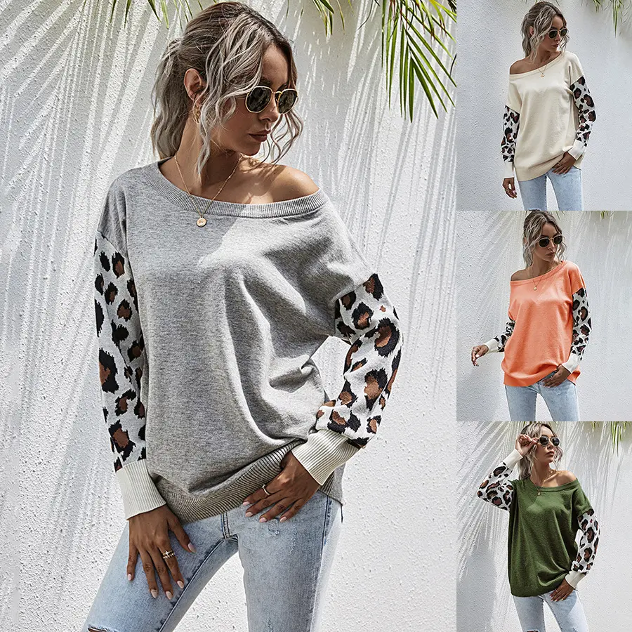 Hot Selling Fashion Women'S Off-Shoulder Sweater Long-Sleeve Leopard Pattern Stitching Pullover Sweater
