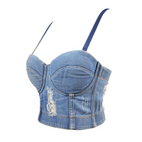 Top corset en jean pour femme avec strass, bustier sexy push-up pour soirée, danse, tube en jean bleu, bretelles spaghetti, soutien-gorge