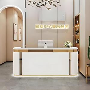 Wood Veneer Reception Desk Metal Mesh Panel Modern Industrial Design <strong>Bar</strong> Cafe Restaurant Front Counter - Product Image 5