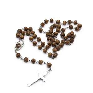 Hot selling Turkish eyes Brown Wood Beads cross Necklace Catholic Prayer Saint Therese Rosary